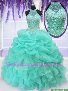 Vintage Halter Top Aqua Blue Organza Lace Up 15 Quinceanera Dress Sleeveless Floor Length Beading and Ruffles and Pick Ups