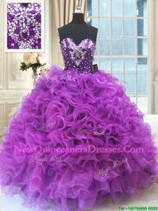 Eggplant Purple Sweetheart Lace Up Beading and Ruffles Sweet 16 Quinceanera Dress Sleeveless