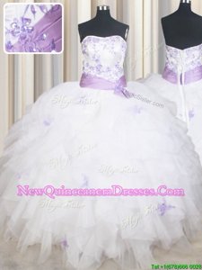 Ideal Ball Gowns Sweet 16 Dresses White Strapless Tulle Sleeveless Floor Length Lace Up