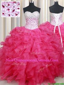 High End Hot Pink Sweetheart Lace Up Beading and Ruffles 15 Quinceanera Dress Sleeveless