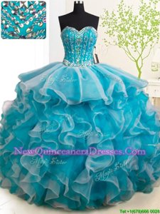 New Style Sleeveless With Train Beading and Ruffles Lace Up Quinceanera Gown with Teal Brush Train