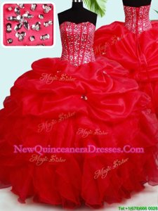 Cheap Red Organza Lace Up 15th Birthday Dress Sleeveless Floor Length Beading and Ruffles and Pick Ups