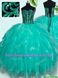 Admirable Ball Gowns 15 Quinceanera Dress Turquoise Sweetheart Organza Sleeveless Floor Length Lace Up