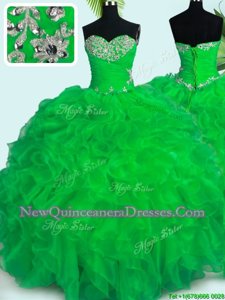 Customized Green Ball Gowns Organza Sweetheart Sleeveless Beading and Ruffles Floor Length Lace Up Vestidos de Quinceanera