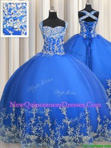 Dynamic Ball Gowns Quince Ball Gowns Blue Straps Tulle Sleeveless Floor Length Lace Up