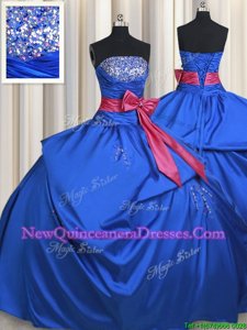 Sophisticated Blue Strapless Lace Up Beading and Bowknot Quinceanera Gown Sleeveless