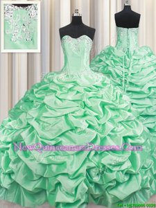 High Quality Apple Green Ball Gowns Sweetheart Sleeveless Taffeta With Brush Train Lace Up Beading and Pick Ups 15th Birthday Dress