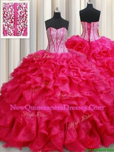 Beauteous Coral Red Ball Gowns Beading and Ruffles Quinceanera Gown Lace Up Organza Sleeveless With Train