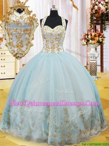 Deluxe Halter Top Spring and Summer and Fall and Winter Organza Sleeveless Floor Length 15 Quinceanera Dress andAppliques