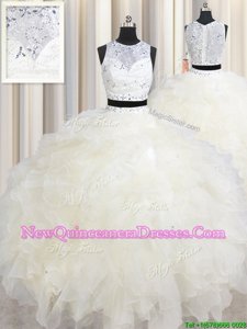 Scoop Sleeveless Floor Length Beading and Ruffles Lace Up 15 Quinceanera Dress with Champagne