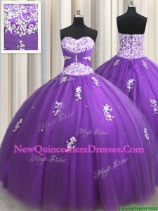 Popular Sleeveless Floor Length Beading and Appliques Zipper Vestidos de Quinceanera with Eggplant Purple