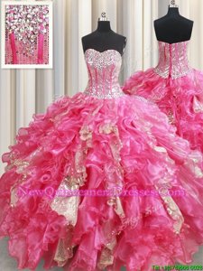 Hot Pink Sweetheart Neckline Beading and Ruffles and Sequins Sweet 16 Dresses Sleeveless Lace Up