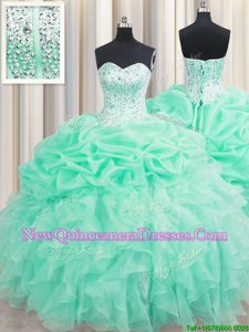 Modern Apple Green Ball Gowns Beading and Ruffles and Pick Ups Sweet 16 Dress Lace Up Organza Sleeveless Floor Length