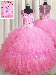 Nice Rose Pink Straps Neckline Beading and Ruffles Sweet 16 Quinceanera Dress Sleeveless Zipper