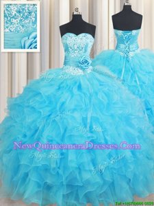 Spring and Summer and Fall and Winter Organza Sleeveless Floor Length Ball Gown Prom Dress andBeading and Ruffles and Hand Made Flower