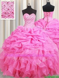 Rose Pink Organza Lace Up Sweetheart Sleeveless Floor Length 15th Birthday Dress Beading and Ruffles and Pick Ups