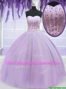 Fantastic Lavender Lace Up Sweet 16 Dresses Beading Sleeveless Floor Length