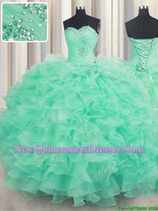 Suitable Sleeveless Floor Length Beading and Ruffles Lace Up 15 Quinceanera Dress with Turquoise