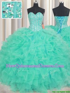 Custom Fit Turquoise Sleeveless Floor Length Beading and Ruffles Lace Up Quinceanera Dress