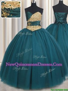 Hot Sale Ball Gowns Vestidos de Quinceanera Teal Sweetheart Tulle Sleeveless Floor Length Lace Up