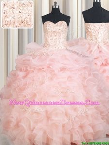 Sweet Organza Sweetheart Sleeveless Lace Up Beading and Ruffles 15th Birthday Dress inBaby Pink