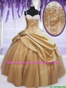 Custom Fit Sleeveless Floor Length Beading and Appliques and Hand Made Flower Lace Up Quinceanera Gown with Champagne