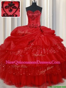 Classical Sequins Pick Ups Ruffled Ball Gowns 15th Birthday Dress Red Sweetheart Organza Sleeveless Floor Length Lace Up