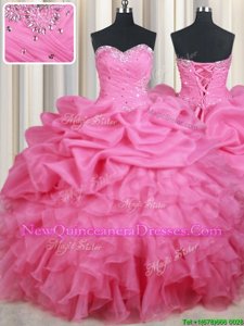 Custom Made Pick Ups Sweetheart Sleeveless Lace Up Sweet 16 Dresses Rose Pink Organza