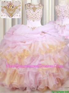 Free and Easy Pink and Gold Scoop Neckline Beading and Ruffles and Pick Ups Quinceanera Gown Sleeveless Lace Up