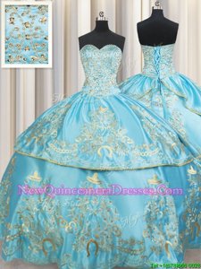 Dramatic Sweetheart Sleeveless 15th Birthday Dress Floor Length Beading and Embroidery Aqua Blue Taffeta