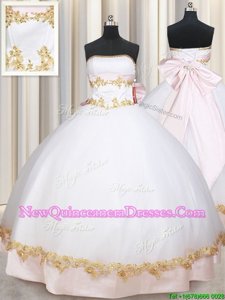 Sweet White Satin Lace Up Strapless Sleeveless Floor Length Quince Ball Gowns Beading and Appliques and Bowknot