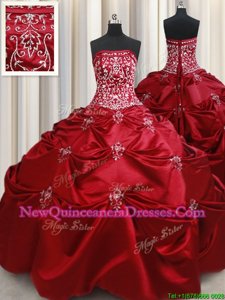 Discount Strapless Sleeveless Taffeta Ball Gown Prom Dress Beading and Pick Ups Lace Up