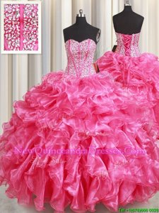 Fantastic Beading and Ruffles Sweet 16 Dress Hot Pink Lace Up Sleeveless Floor Length