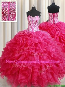 Lovely Hot Pink Sweetheart Neckline Beading and Ruffles Quinceanera Dress Sleeveless Lace Up