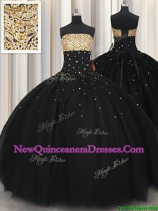 Enchanting Black Ball Gowns Tulle Strapless Sleeveless Beading Floor Length Lace Up Vestidos de Quinceanera