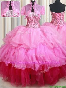 High Class Spring and Summer and Fall and Winter Organza Sleeveless Floor Length 15 Quinceanera Dress andRuffles and Sequins