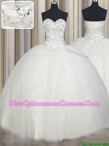 Clearance White Tulle Lace Up Sweetheart Sleeveless Floor Length Quinceanera Gowns Beading