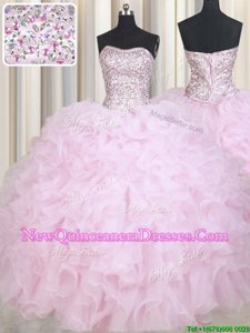 Decent Baby Pink Lace Up Vestidos de Quinceanera Beading and Ruffles Sleeveless Floor Length