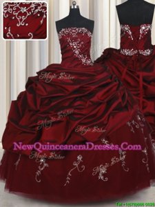 Shining Floor Length Wine Red Quince Ball Gowns Taffeta and Tulle Sleeveless Spring and Summer and Fall and Winter Beading and Pick Ups