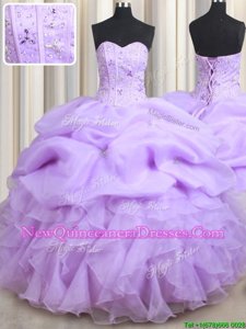 Flirting Lavender Organza Lace Up Sweet 16 Quinceanera Dress Sleeveless Floor Length Beading and Ruffles and Pick Ups