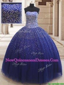 Modest Royal Blue Sleeveless Beading Floor Length Ball Gown Prom Dress