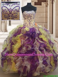 Popular Strapless Sleeveless 15 Quinceanera Dress Floor Length Beading and Ruffles Multi-color Organza