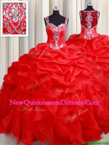 Straps Straps Red Sleeveless Organza Zipper Ball Gown Prom Dress for Military Ball and Sweet 16 and Quinceanera