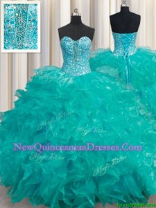 Organza Sweetheart Sleeveless Lace Up Beading and Ruffles Ball Gown Prom Dress inTurquoise