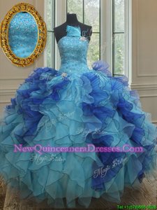 Enchanting Blue Organza Lace Up Strapless Sleeveless Floor Length Vestidos de Quinceanera Beading and Ruffles