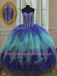 Designer Royal Blue and Aqua Blue Sweetheart Lace Up Beading and Ruffles Quinceanera Dresses Sleeveless