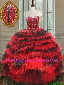 Edgy Beading Sweet 16 Dresses Black and Red Lace Up Sleeveless Floor Length