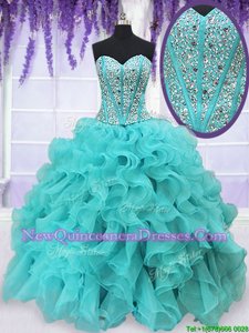 Dynamic Aqua Blue Ball Gowns Organza Sweetheart Sleeveless Beading and Ruffles Floor Length Lace Up Quinceanera Gowns