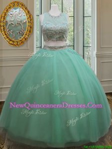 Best Scoop Floor Length Apple Green Sweet 16 Dresses Tulle Sleeveless Spring and Summer and Fall and Winter Beading