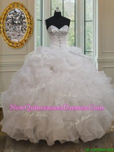 High Class White Sleeveless Beading and Ruffles and Sequins Floor Length Quinceanera Dress